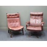 zzz A Farstrup Danish easy chair with brown leather cushions and another swivel easy chair