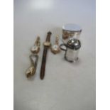 A small silver tankard shaped caster, together with an initialled box, two gold plated watches and