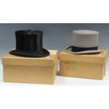 Two top hats from James Locke & Co, St James street, London, one black and one greyBoth hats measure