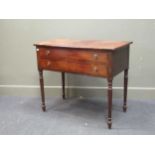 A 19th century mahogany two drawer side table raised on ring turned legs, 79 x 90 x 50.5cm
