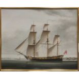 A collection of six marine pictures including a beach scene with figures, a three masted frigate and