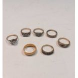 A group of six stone set dress rings, all assessed or hallmarked as 9ct gold, gross weight 14.4g,