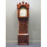 A 19th century mahogany longcase clock, the arched painted dial depicting Adam & Eve in the garden