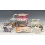 A collection of ceramic pots and vessels, to include a masonic jug, money boxes, a replica of the