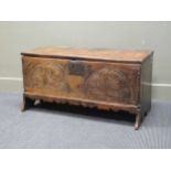 A carved oak six plank chest bearing the date 1682, 50 x 101 x 46cm