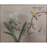 Three Chinese silk paintings depicting birds in faux bamboo frames, two measuring 37 x 42cm