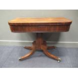 A Regency rosewood card table on splayed legs, 75 x 93 x 46cm (closed) 72 x 92 x 91cm (open)