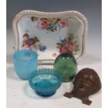 A Derby floral painted dish, a Victorian glass dump paperweight, a German cast iron table bell in