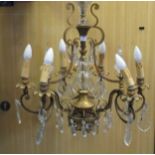 A gilt and glass chandelier with foliate stems; together with two wall lights in a similar style (