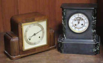 A Victorian slate mantle clock decorated with marble columns; together with an Art Deco style mantle