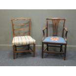 A Georgian design carver armchair, a bowfront mahogany sideboard 93 x 152 x 61cm and a ladder back