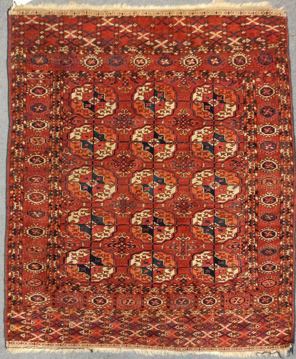 An early 20th century Tekke Ensi 142 x 116cmFraying to edges, some minor discolouration rto one