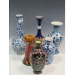Two Chinese blue and white vases, a Minton Secessionist vase, a Doulton vase, a Delft blue and white