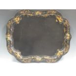 A Victorian painted papier mache tray with scalloped edge 80 x 64cm