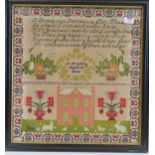Two samplers decorated with houses, flowers and poems
