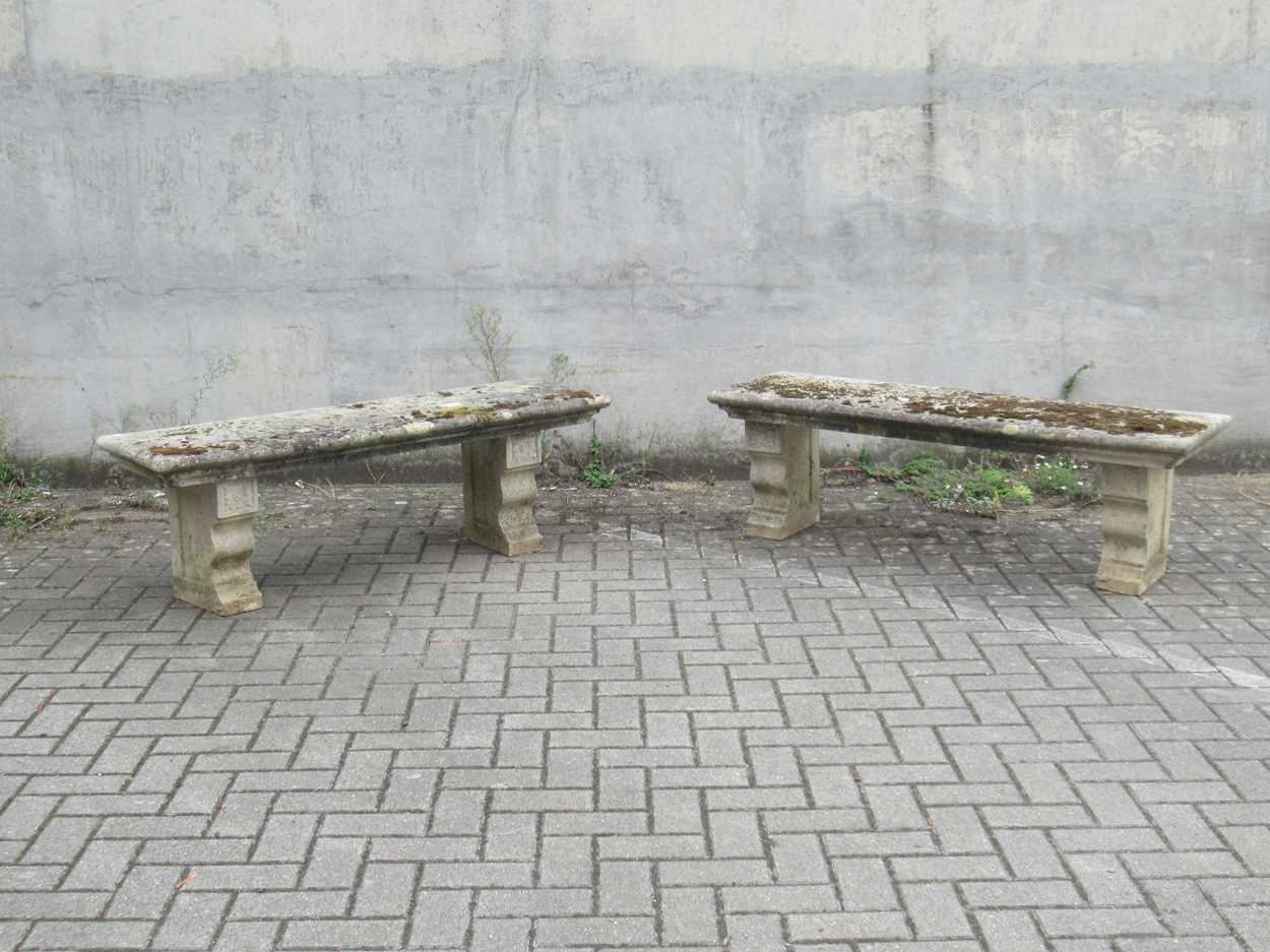 Two large concrete garden benches, 44 x 138 x 41cm