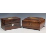 A 19th century rosewood box with mother of pearl tablet to the hinged lid, 13.5 x 23.5 x 15cm;