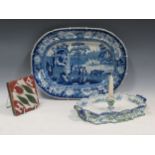 A good blue and white pearl ware meat plate; together with a Minton encaustic tile, a Mosanic tin