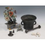 A 17th century style bronze pestle and mortar, together with an early 20th century Chinese cloisonné