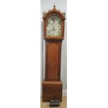 A mahogany longcase clock, with Roman chapter ring, the moon dial decorated with a lake scene and