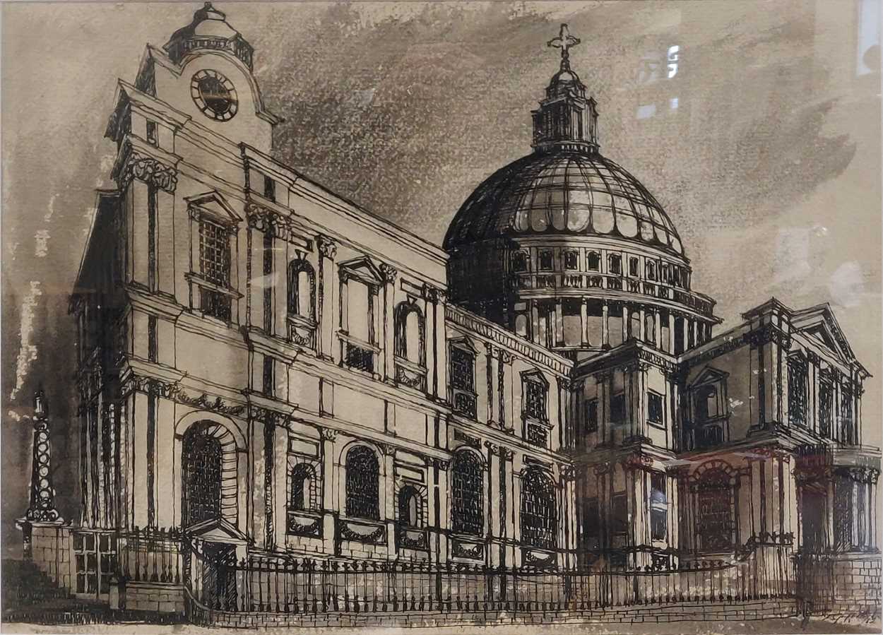 St Paul's Cathedral, 1961, ink and wash, signed 'G Holt' (lower right), 37 x 52.5cm
