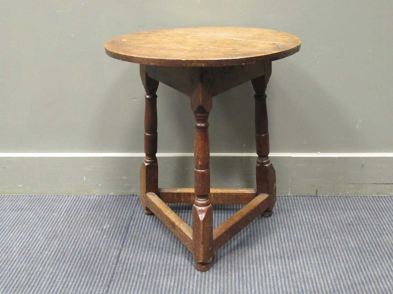 An oak cricket table, 20th century construction incorporating earlier elements, 56 x 51cmProperty