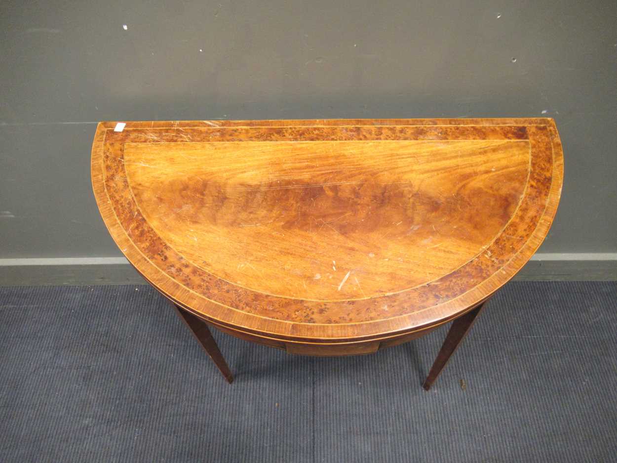 A George III style mahogany and thuya banded demi-lune games table, late 20th century, - Image 3 of 5
