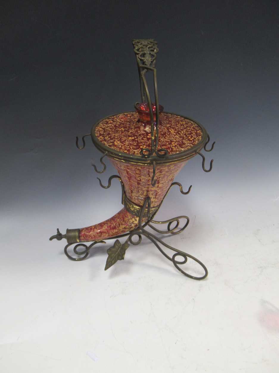 A cranberry glass and gilt cornucopia drinks dispenser with matched cranberry glass miniature - Image 5 of 21