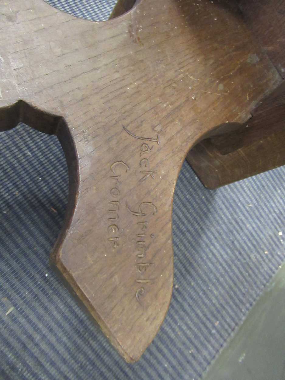 A Jack Grimble Cromer oak stool, the rectangular stool with chip carved ends on shaped supports, one - Image 2 of 4