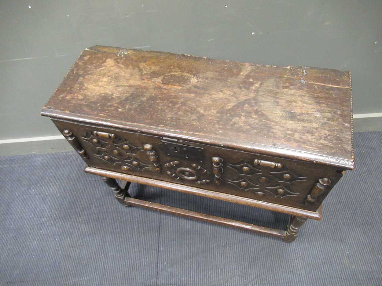 An 18th century oak plank chest on stand, with split baluster decoration, 82 x 93 x 37cm - Image 4 of 8