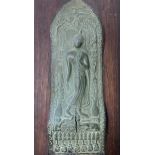 Thai Buddhist bronze votive plaque in Sukhothai style, mounted on wood, cracked, 20 x 45.5cmThe