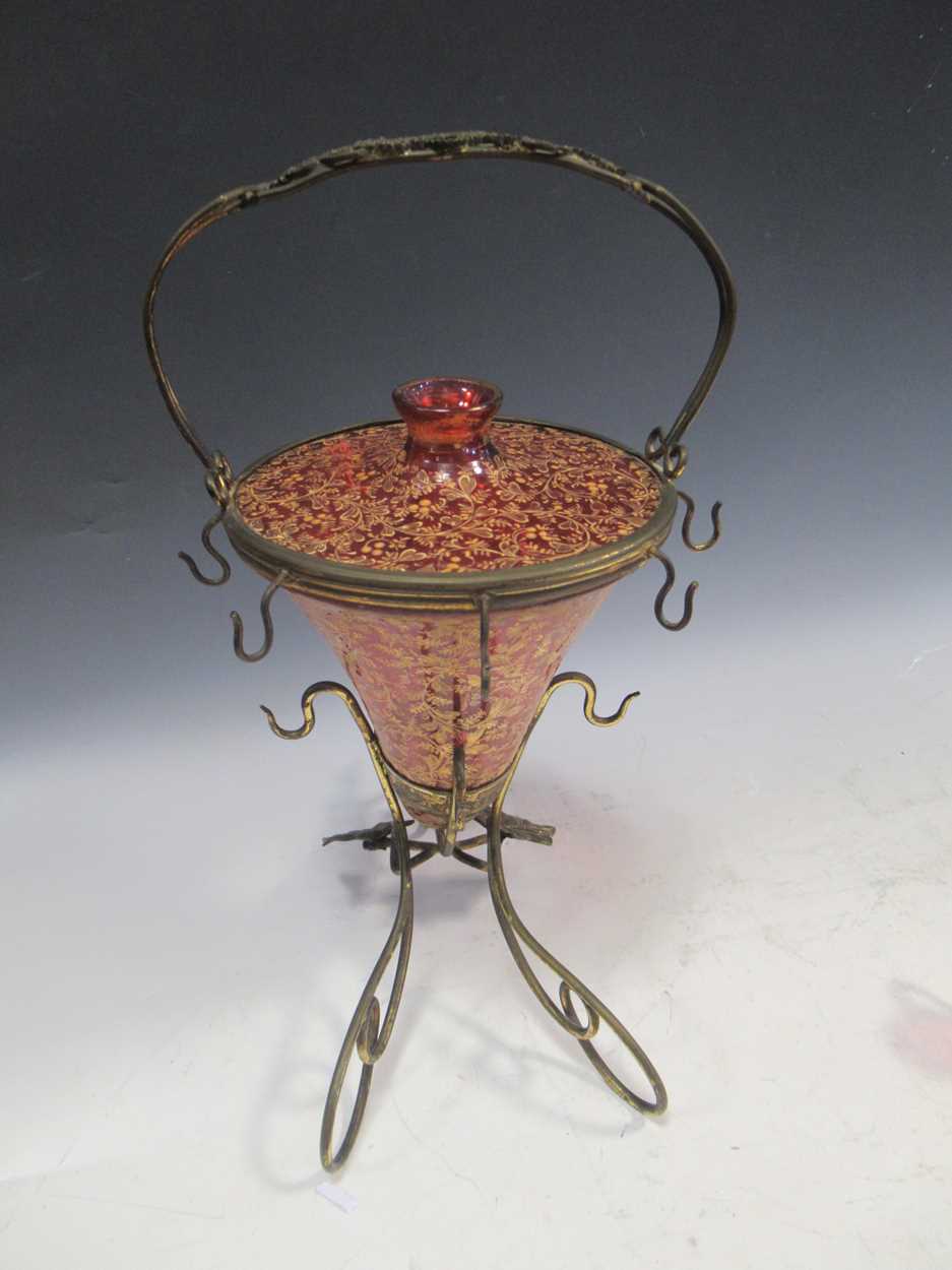 A cranberry glass and gilt cornucopia drinks dispenser with matched cranberry glass miniature - Image 2 of 21