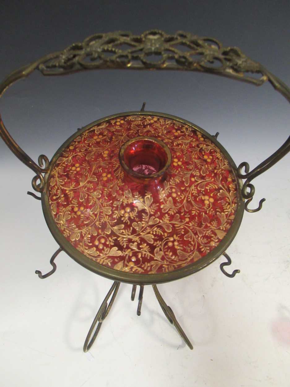 A cranberry glass and gilt cornucopia drinks dispenser with matched cranberry glass miniature - Image 3 of 21