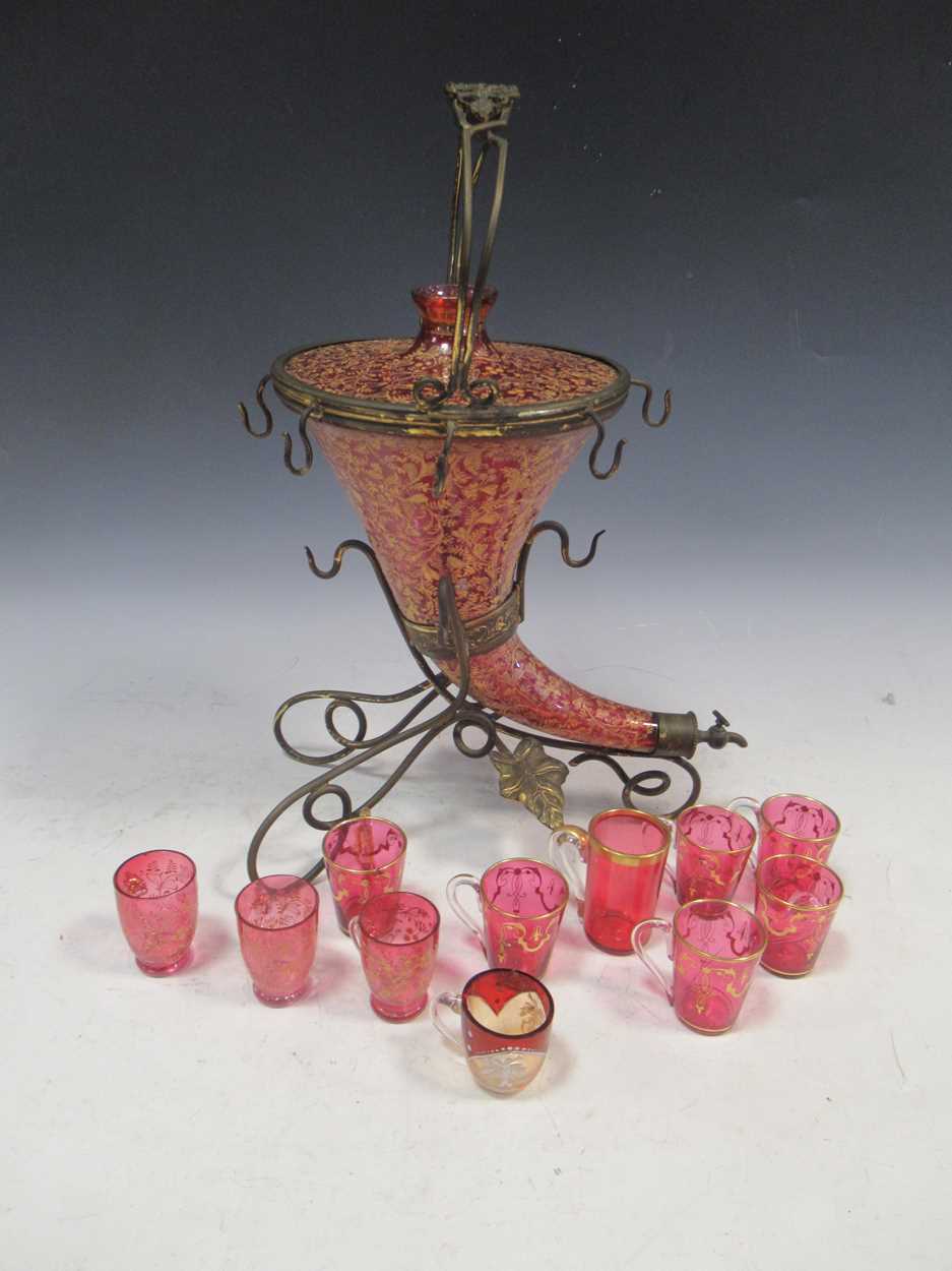 A cranberry glass and gilt cornucopia drinks dispenser with matched cranberry glass miniature - Image 6 of 21