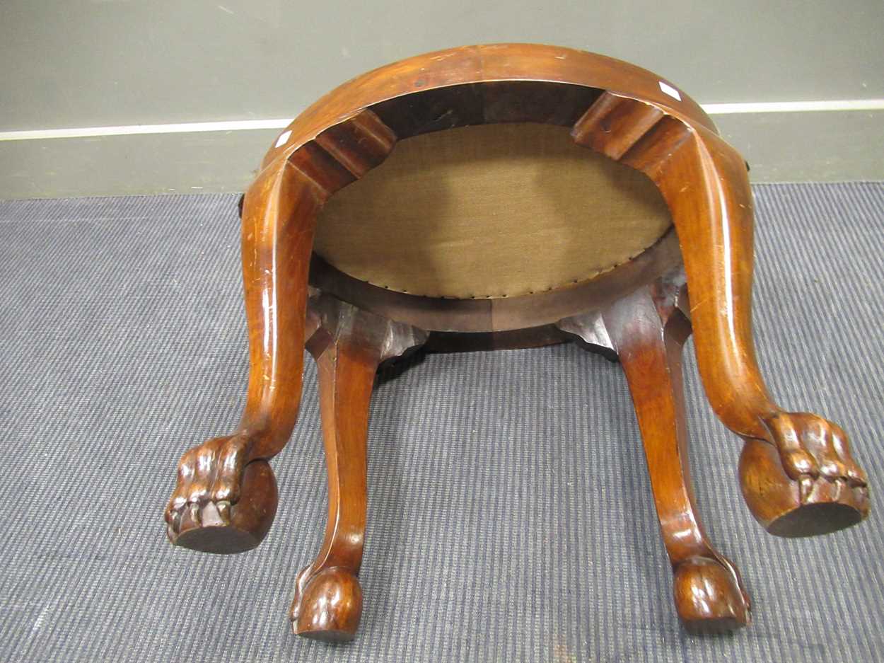 A George II style oval mahogany frame stool with drop in seat on ball and claw feet, 53 x 60 x 45cm - Image 3 of 5