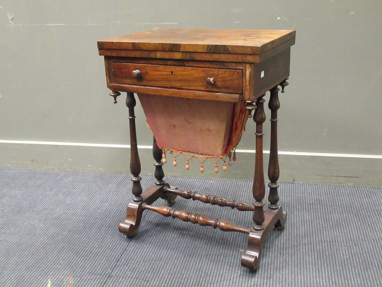 A 19th century inlaid rosewood games table, the fold over swivel top enclosing an inlaid - Image 6 of 10