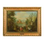Follower of Giuseppe ZaisPastoral figures with animals beside a lake and a waterfall, with a