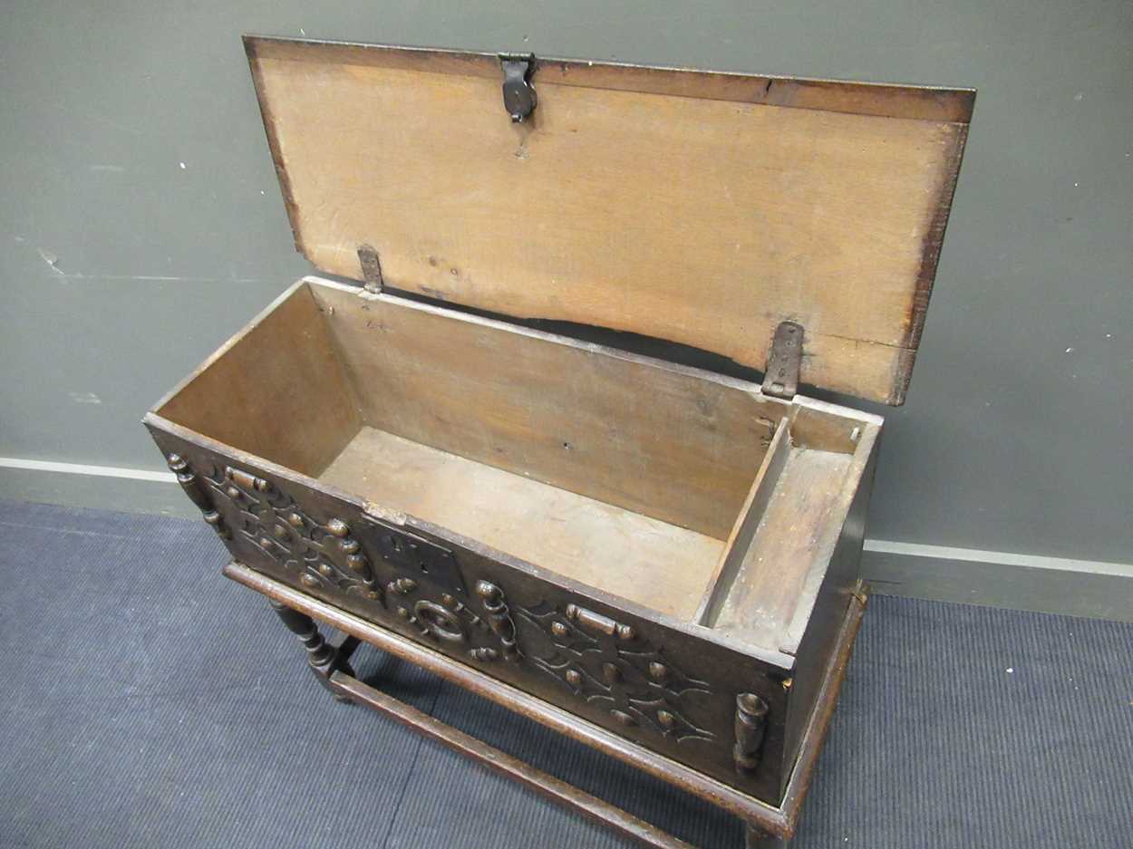 An 18th century oak plank chest on stand, with split baluster decoration, 82 x 93 x 37cm - Image 7 of 8