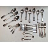 A 27- piece harlequin set of Fiddle pattern silver flatware 42.9ozt gross, with one silver plated