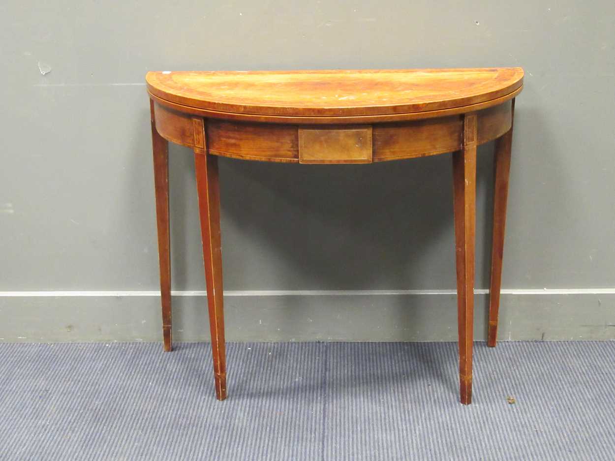 A George III style mahogany and thuya banded demi-lune games table, late 20th century,