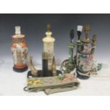 Six various table lamps including 2 Japanese vase base lamps, pair of brass dolphin bookends, and