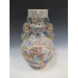 Japanese earthenware tubeline decorated vase, with interior scene decorated to the exterior, 48cm