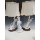 A pair of blanc de chine lampshades; together with a blanc de chine figure, 39cm high (3)