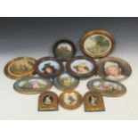 Three Sevre style plaques, largest 15 x 24cm; together with a framed pot lid depicting a galleon,