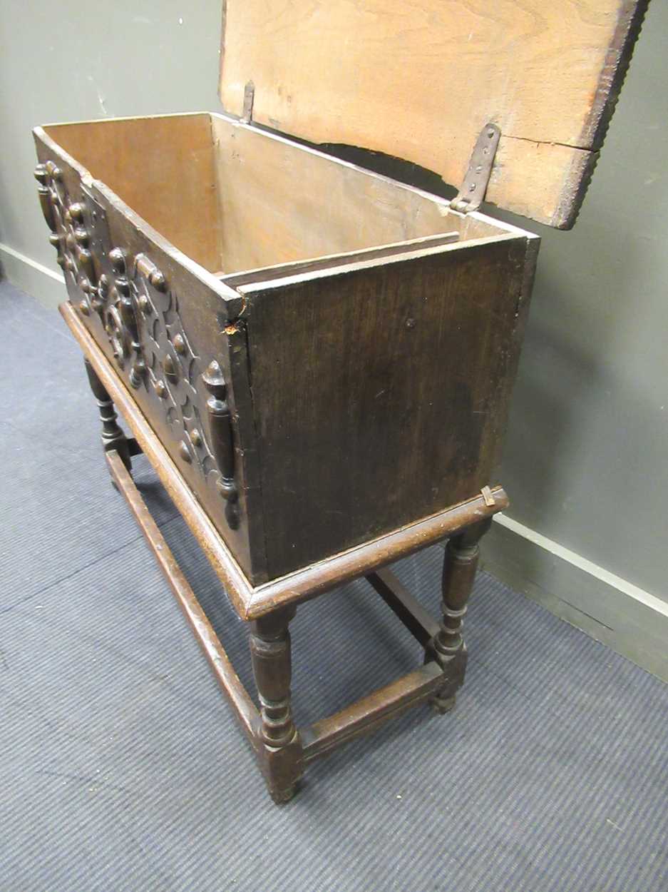 An 18th century oak plank chest on stand, with split baluster decoration, 82 x 93 x 37cm - Image 6 of 8