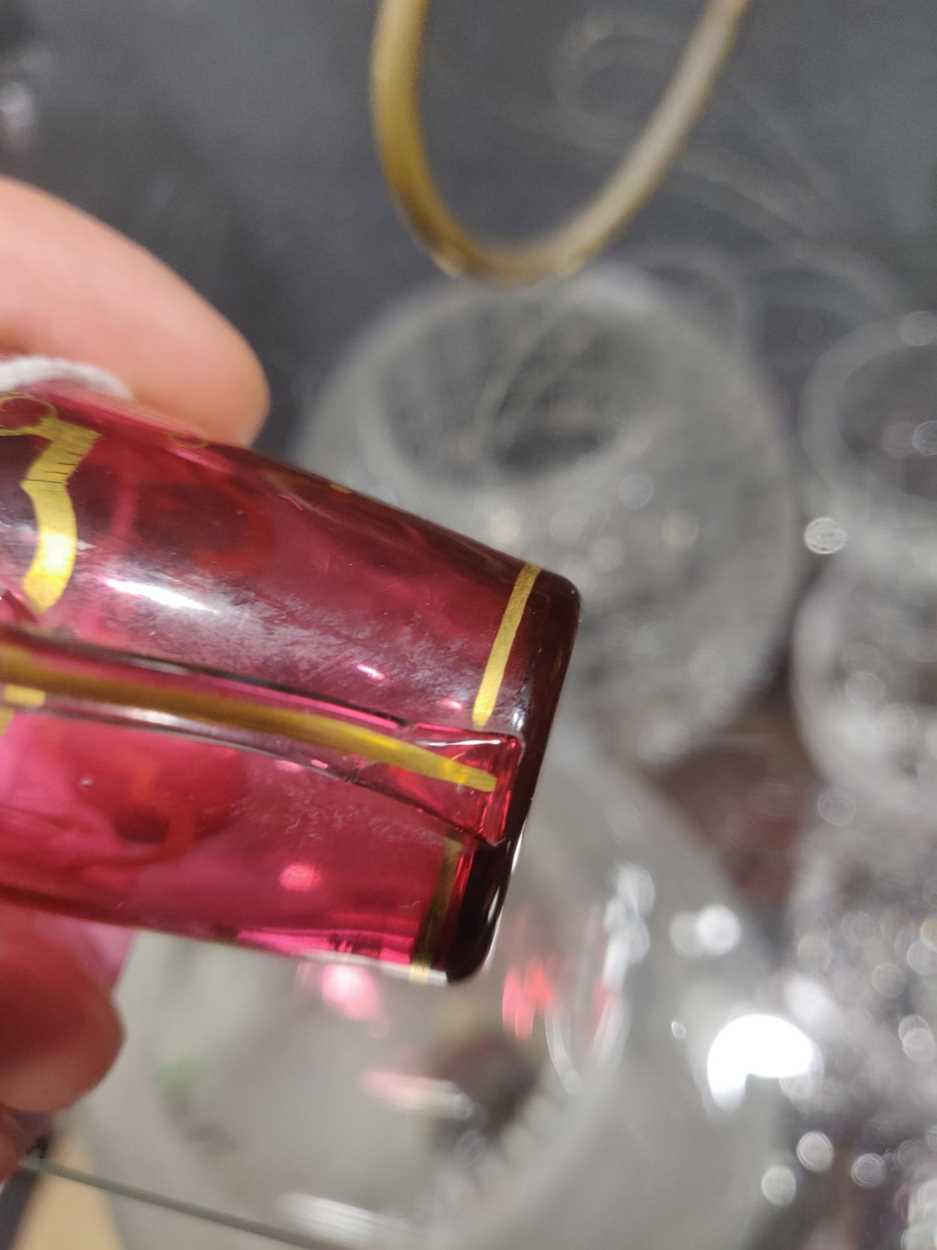 A cranberry glass and gilt cornucopia drinks dispenser with matched cranberry glass miniature - Image 11 of 21