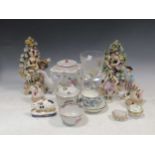 A collection of porcelain including pair of bocage figures (damaged), a Herend bowl and cover,