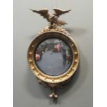 A Regency style convex wall mirror surmounted by an eagle, the mirrored plate within an ebonised