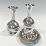 A pair of silver flower vases and a silver horseshoe shaped dish, all with mark of Sampson Mordan,