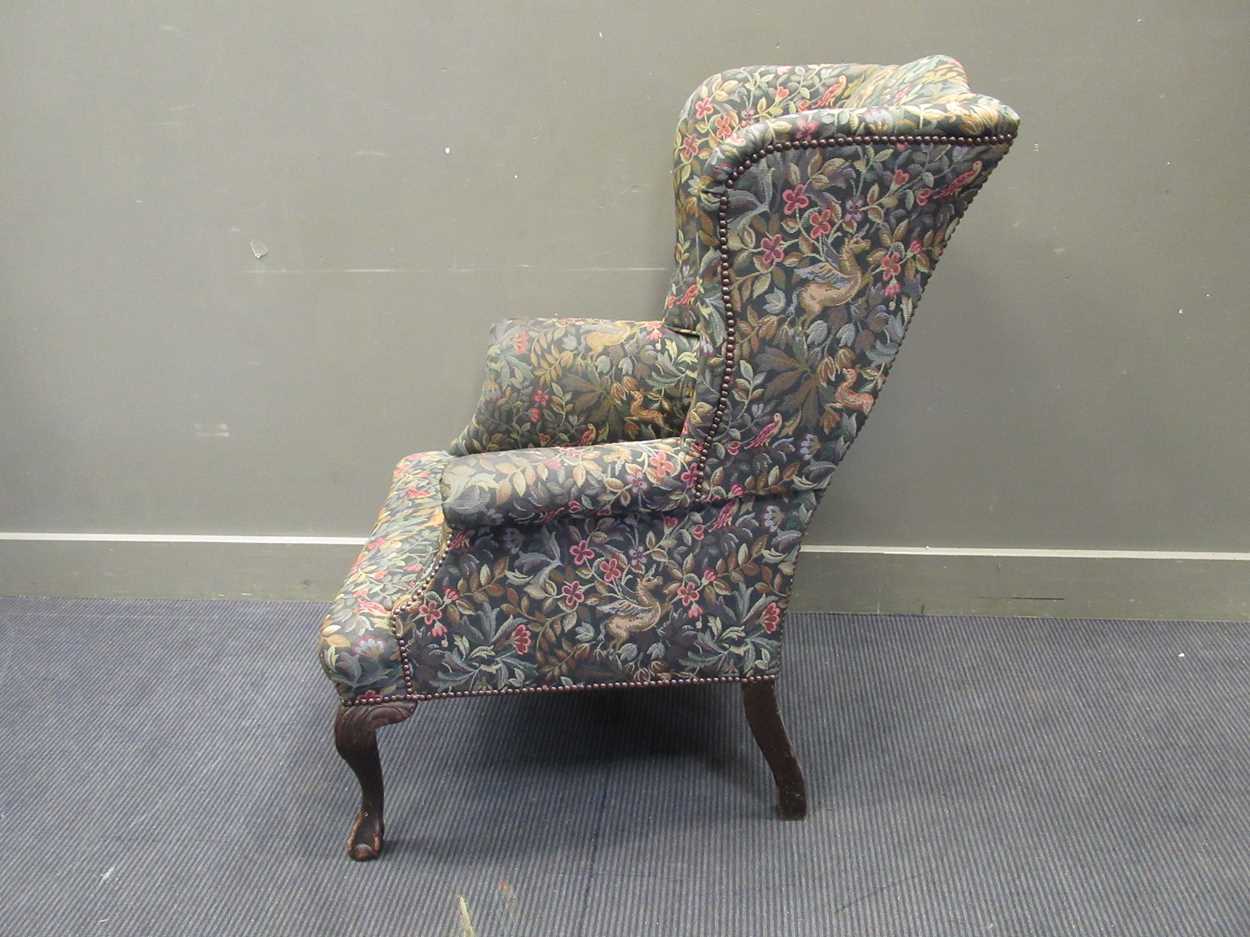 A wingback armchair upholstered in William Morris style fabric on cabriole front legs - Image 3 of 4